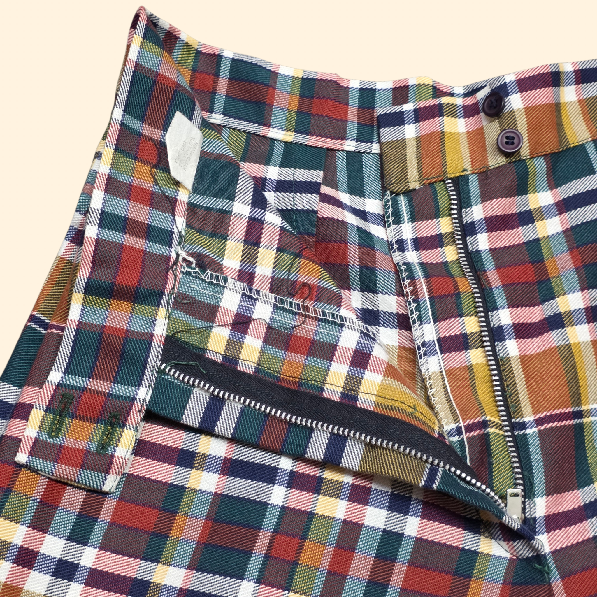 1970s Plaid Bell Bottom Pants ~ Extra Small / Small ~ High Rise Bareback Flares
