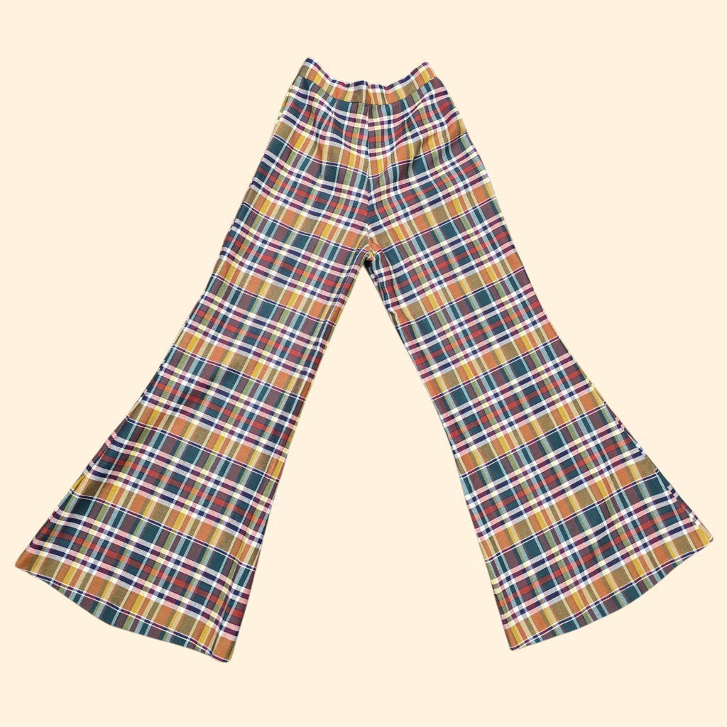 1970s Plaid Bell Bottom Pants ~ Extra Small / Small ~ High Rise Bareback Flares