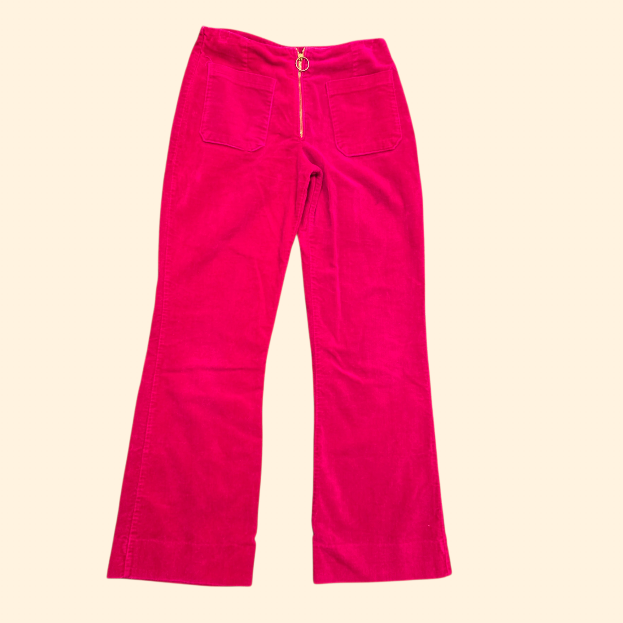 1970s O Ring Mid Rise Pink Corduroy Flare Pants ~ Small ~ Bareback Bootcut