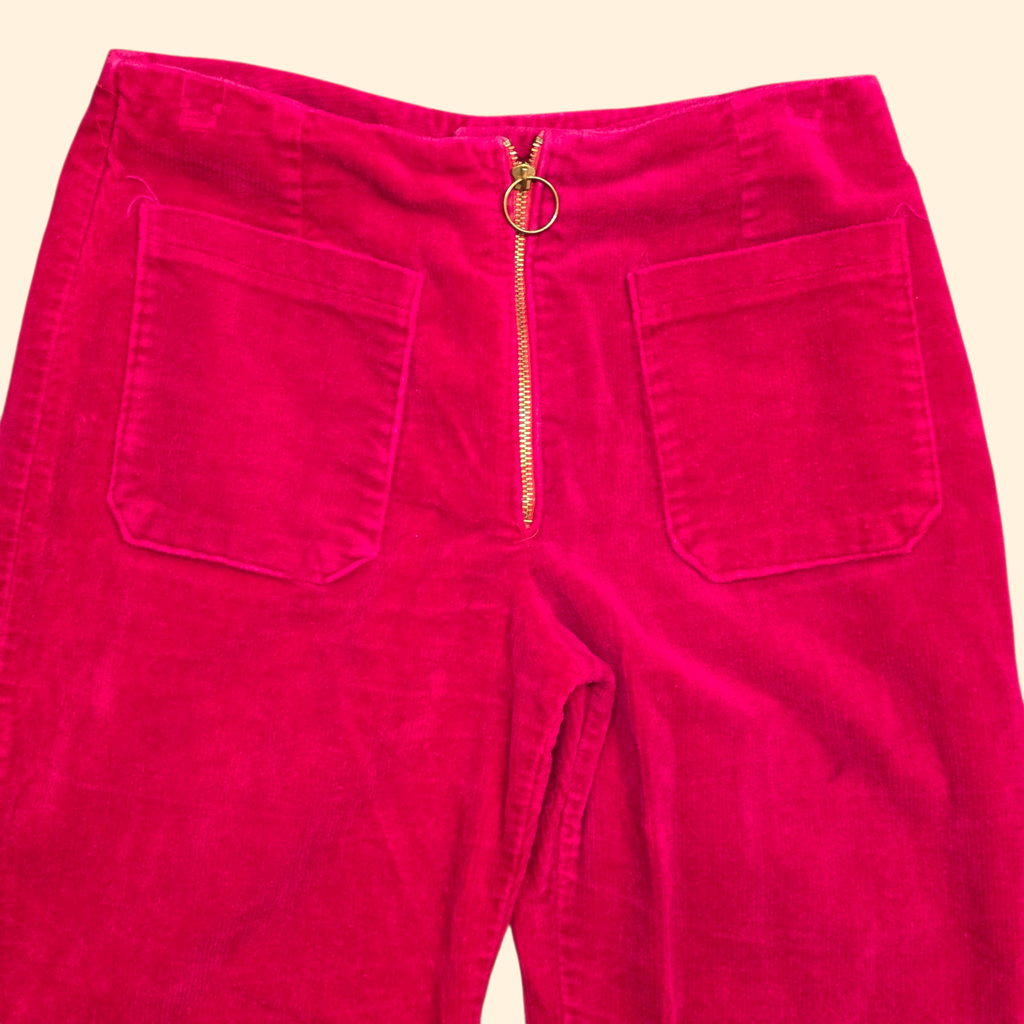 1970s O Ring Mid Rise Pink Corduroy Flare Pants ~ Small ~ Bareback Bootcut
