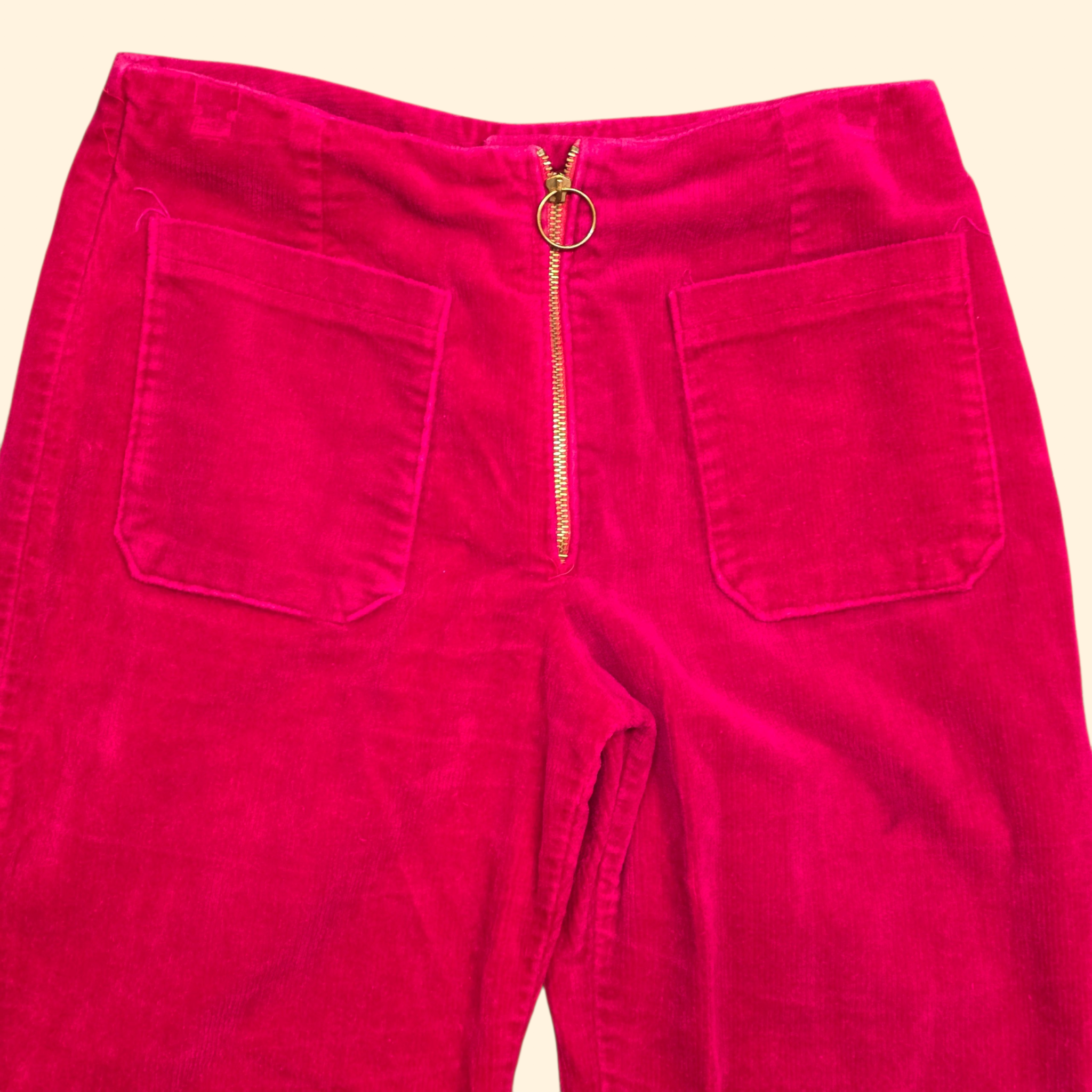 1970s O Ring Mid Rise Pink Corduroy Flare Pants ~ Small ~ Bareback Bootcut