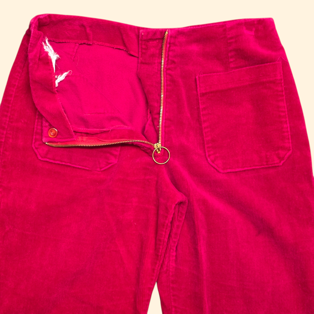 1970s O Ring Mid Rise Pink Corduroy Flare Pants ~ Small ~ Bareback Bootcut