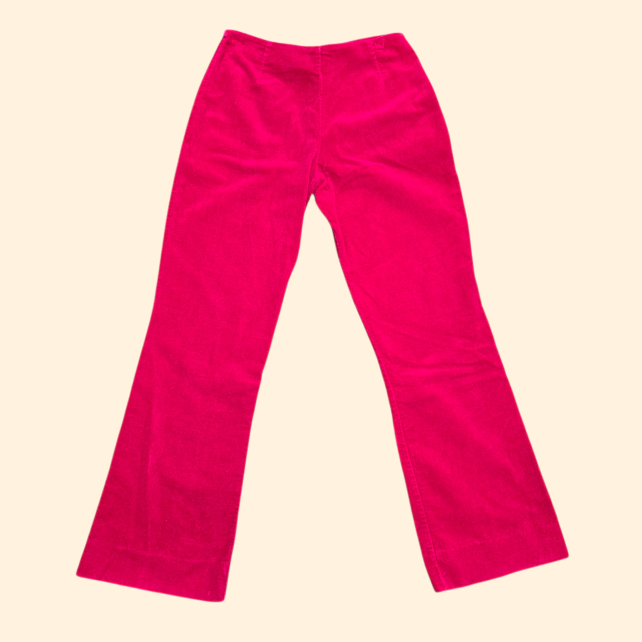 1970s O Ring Mid Rise Pink Corduroy Flare Pants ~ Small ~ Bareback Bootcut