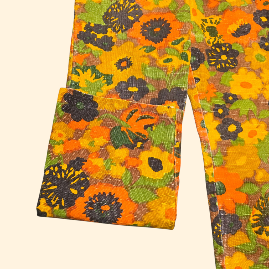 1960s Flower Power Mid Rise Bootcut Pants ~ Medium ~ Hippie Orange Yellow Green