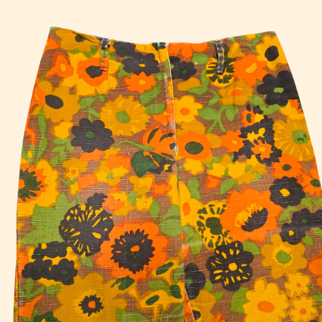 1960s Flower Power Mid Rise Bootcut Pants ~ Medium ~ Hippie Orange Yellow Green