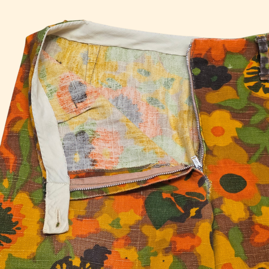 1960s Flower Power Mid Rise Bootcut Pants ~ Medium ~ Hippie Orange Yellow Green