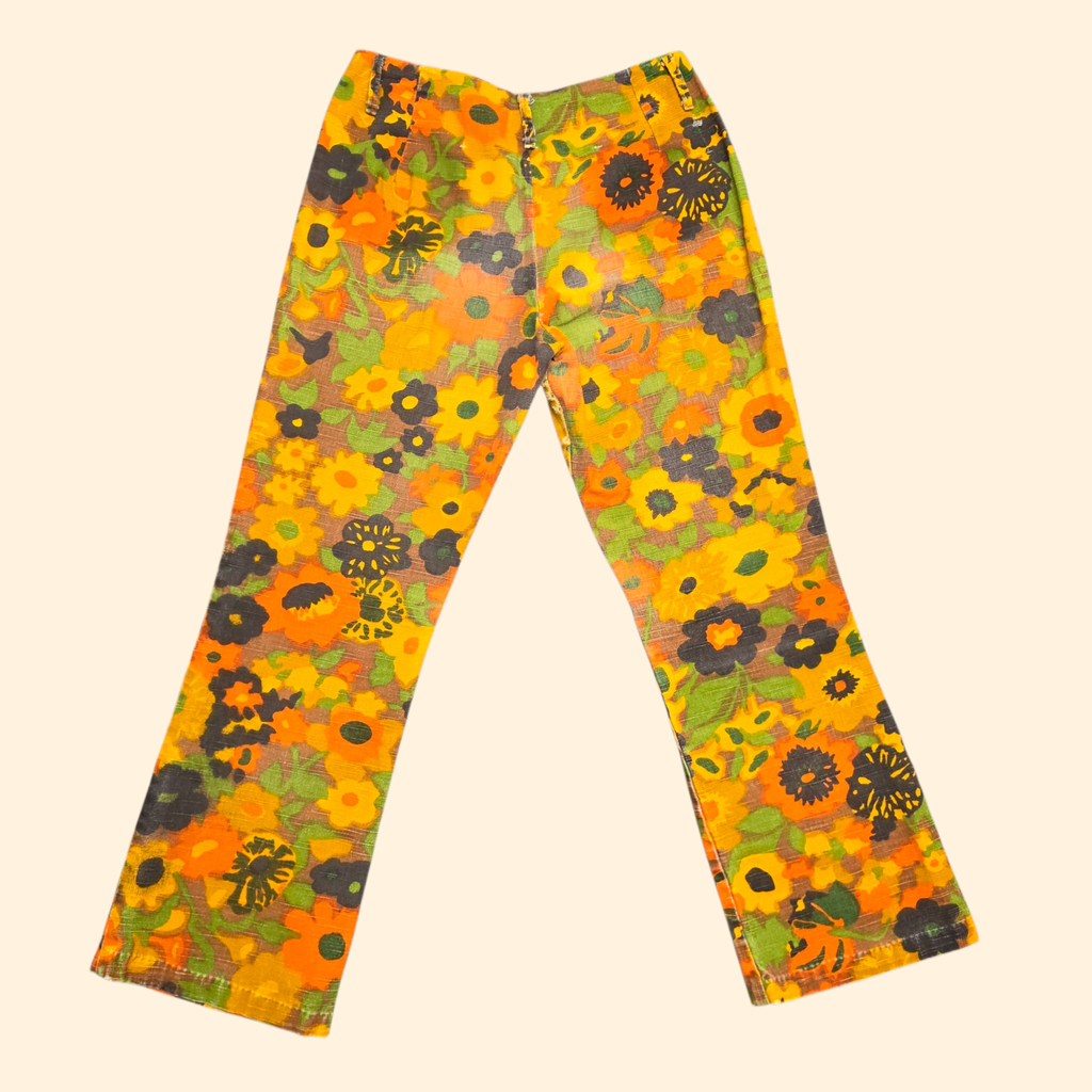 1960s Flower Power Mid Rise Bootcut Pants ~ Medium ~ Hippie Orange Yellow Green
