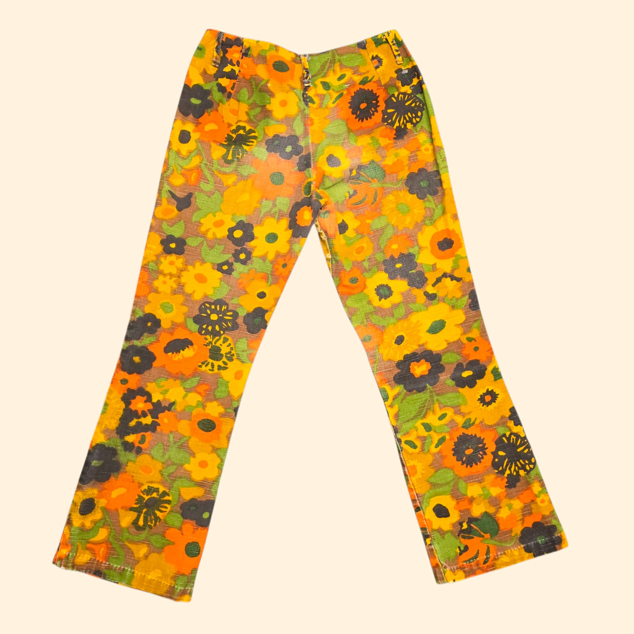 1960s Flower Power Mid Rise Bootcut Pants ~ Medium ~ Hippie Orange Yellow Green