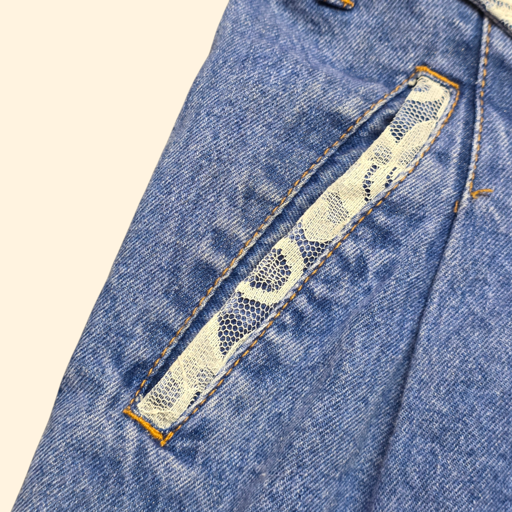 1980s Lace Trim High Rise Jean Shorts ~ Small Pleated Button Fly