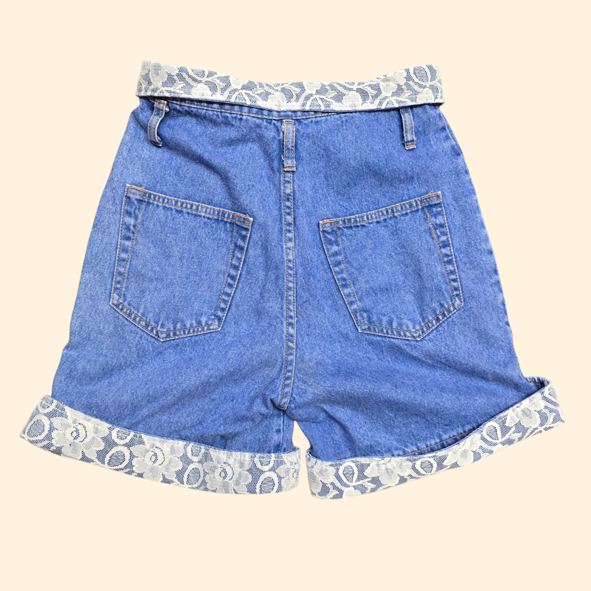 1980s Lace Trim High Rise Jean Shorts ~ Small Pleated Button Fly