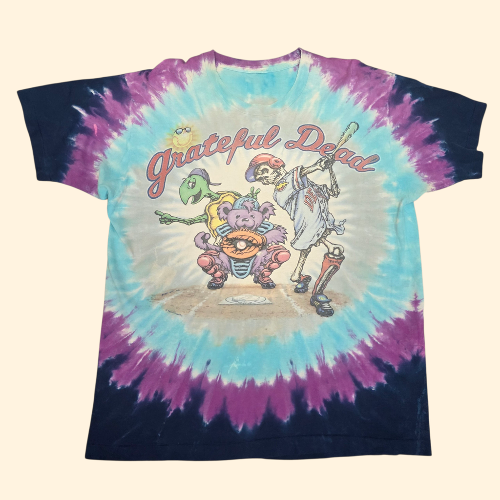 1990s Liquid Blue Tie Dye Grateful Dead T Shirt ~ Extra Large ~ 1994 Steal Your Base Single Stitch Baseball