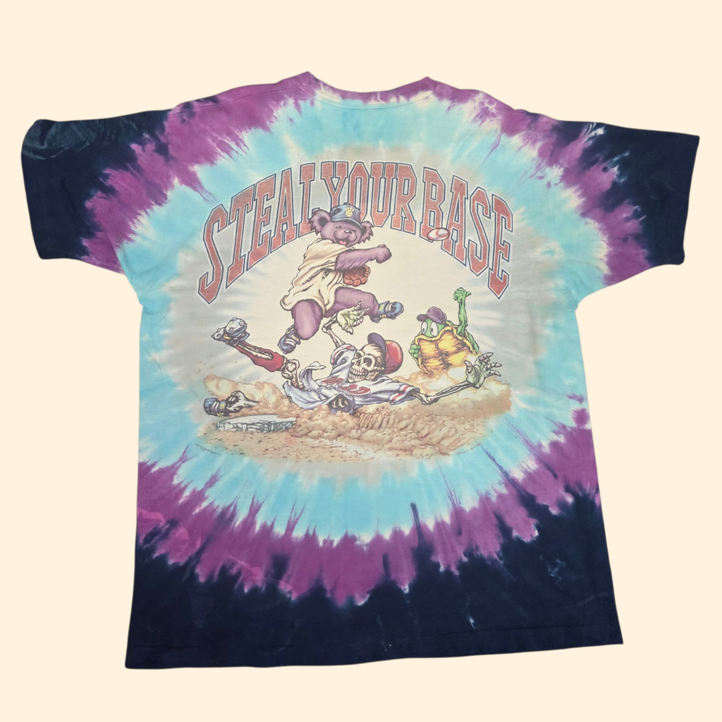 1990s Liquid Blue Tie Dye Grateful Dead T Shirt ~ Extra Large ~ 1994 Steal Your Base Single Stitch Baseball