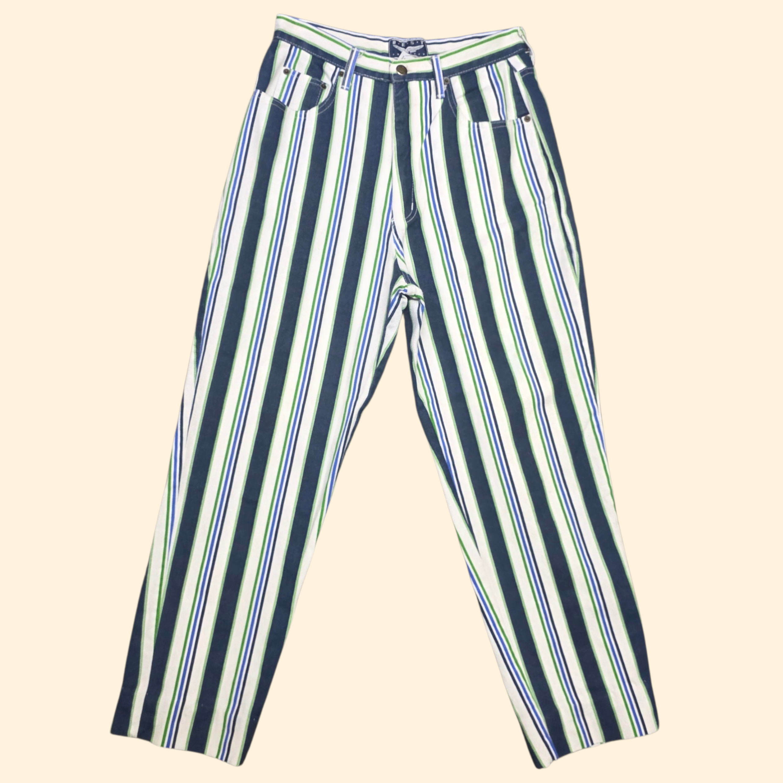 1990s Striped Taper Leg High Rise Jeans ~ Medium ~ Blue Green White