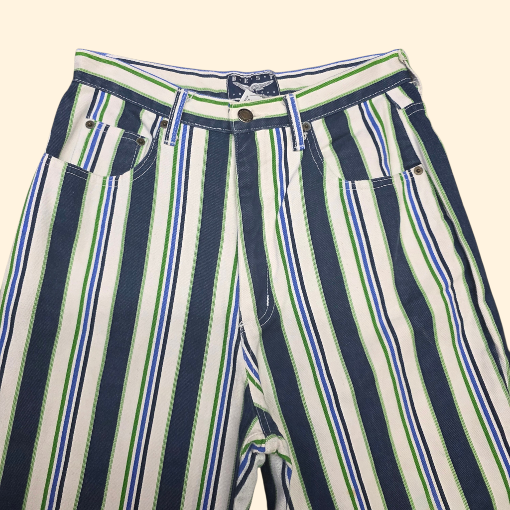 1990s Striped Taper Leg High Rise Jeans ~ Medium ~ Blue Green White