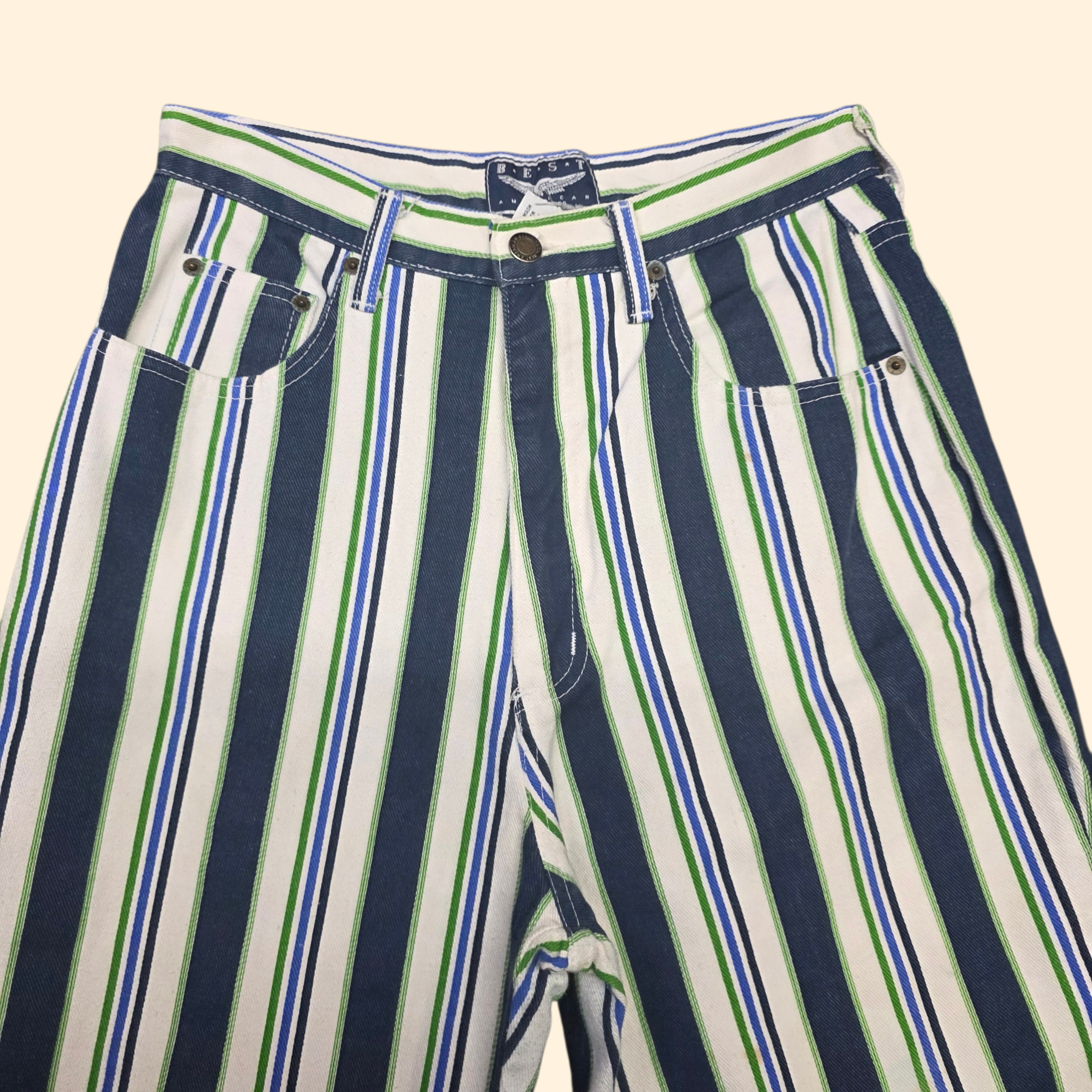 1990s Striped Taper Leg High Rise Jeans ~ Medium ~ Blue Green White