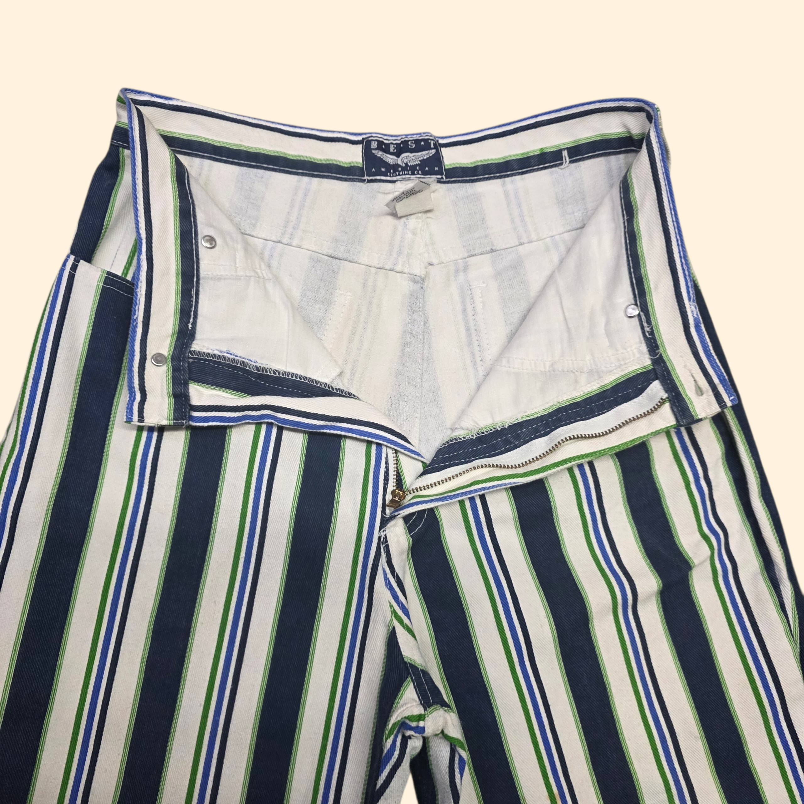 1990s Striped Taper Leg High Rise Jeans ~ Medium ~ Blue Green White
