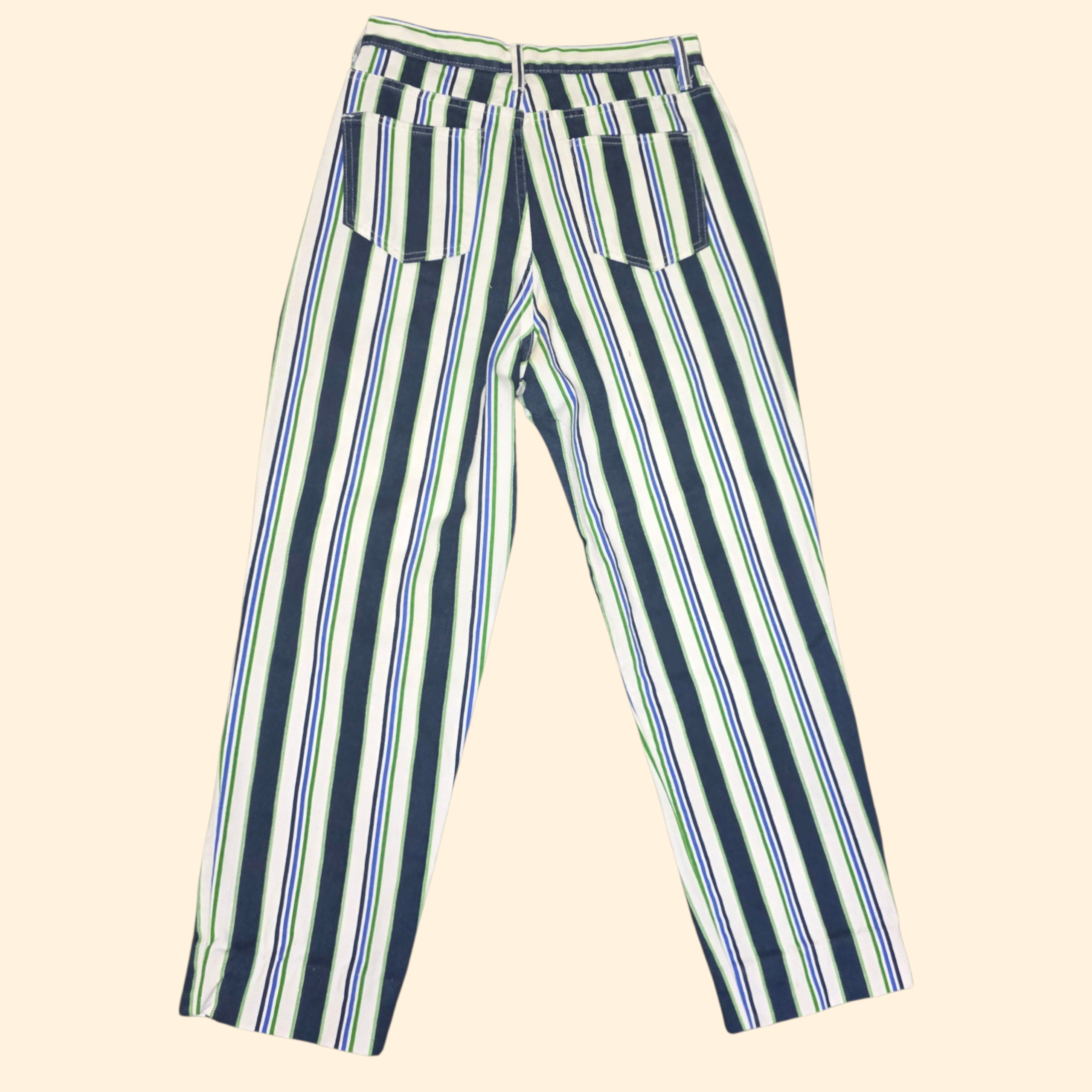 1990s Striped Taper Leg High Rise Jeans ~ Medium ~ Blue Green White