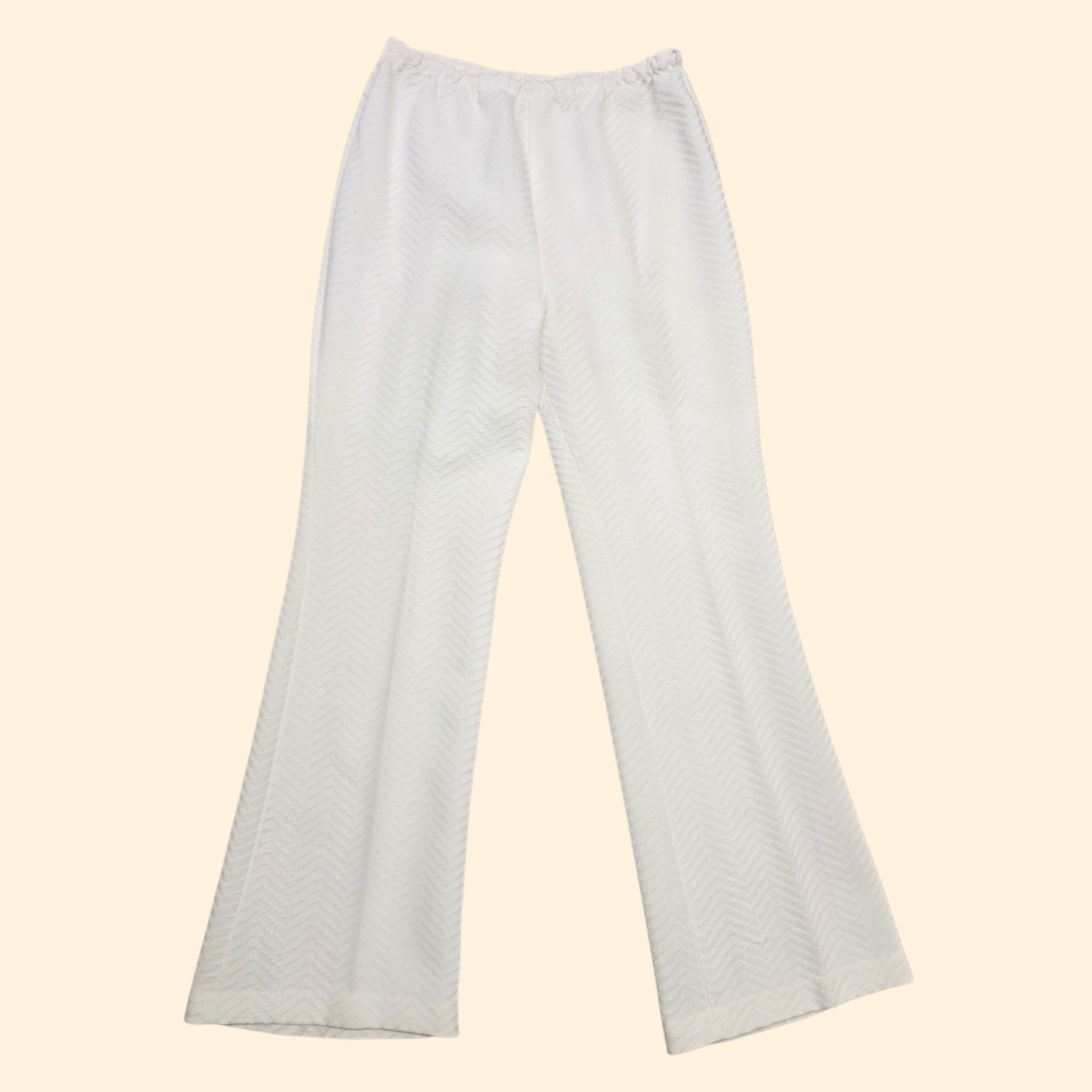 1970s White Double Knit Polyester Flare Pants ~ Medium ~ High Rise Chevron Textured