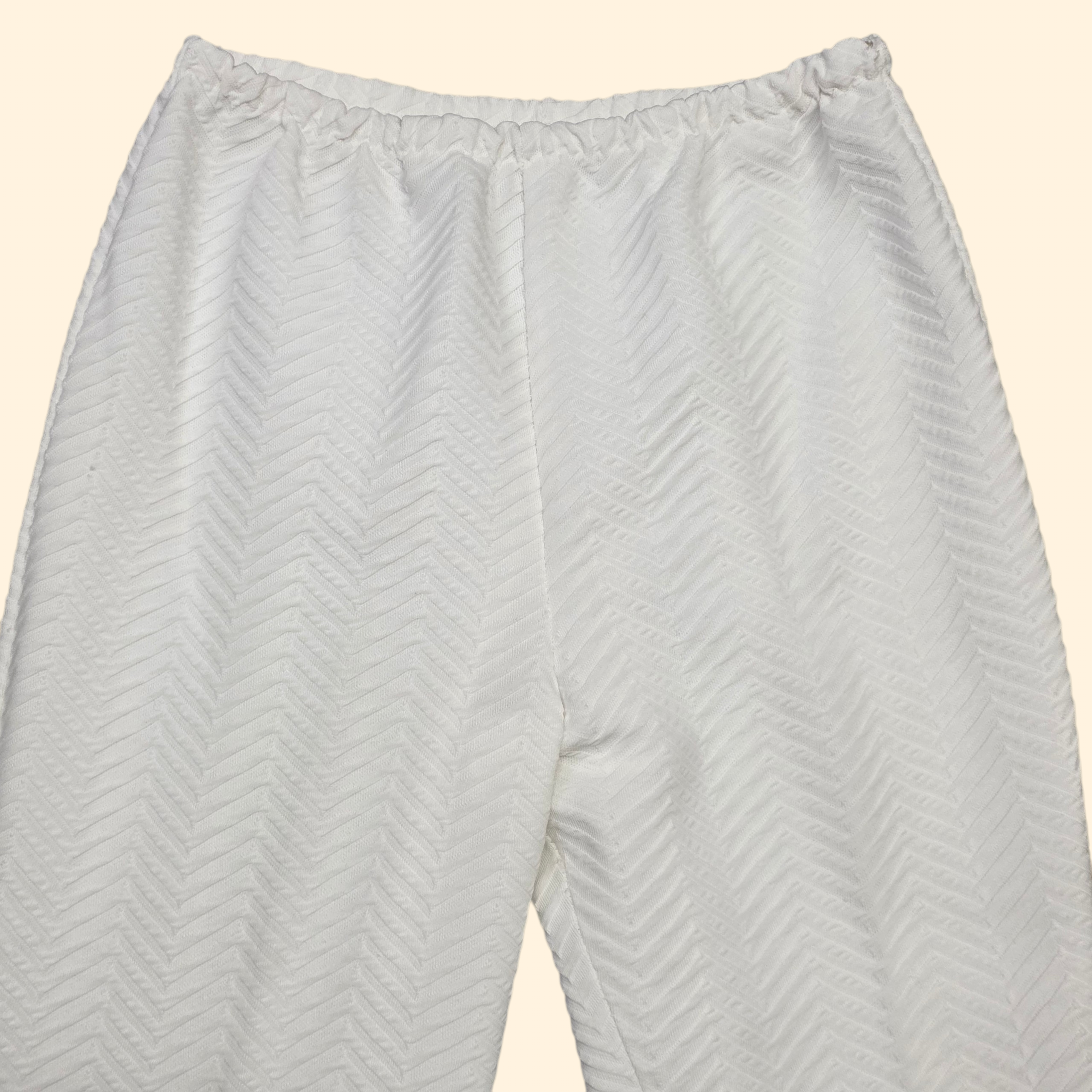 1970s White Double Knit Polyester Flare Pants ~ Medium ~ High Rise Chevron Textured