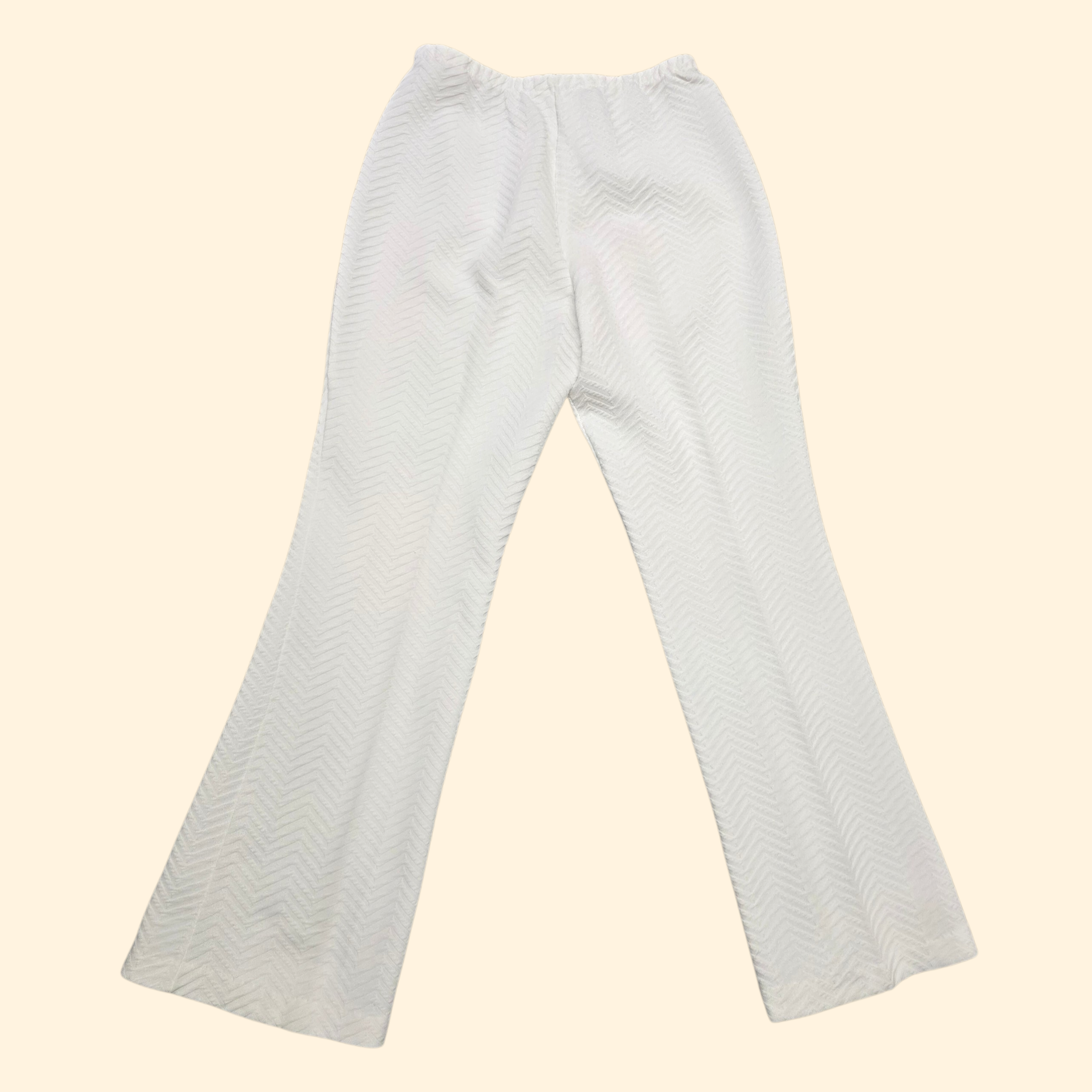 1970s White Double Knit Polyester Flare Pants ~ Medium ~ High Rise Chevron Textured