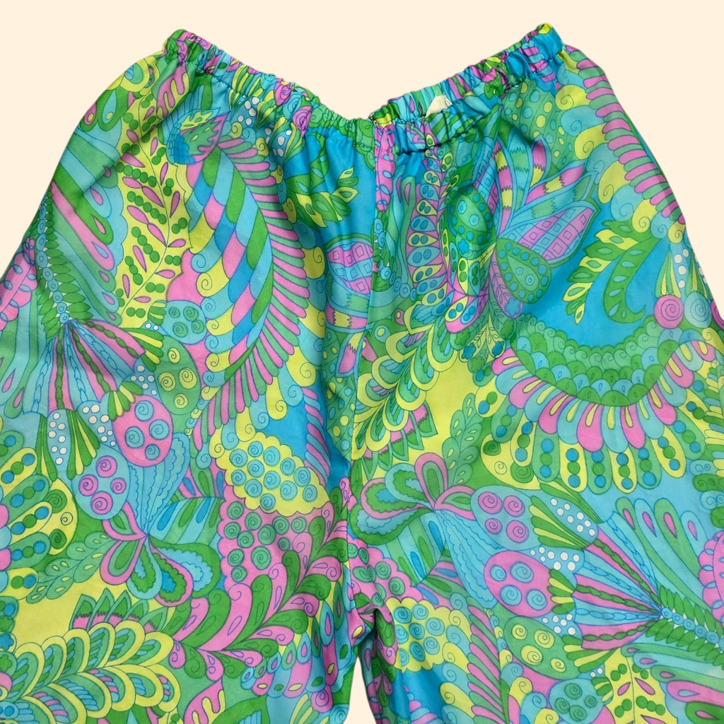 1960s Psychedelic Paisley Wide Leg Pants ~ Large ~ Ultra High Rise Palazzo Teal