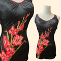 1960s One Piece Floral Print Swimsuit ~ Medium ~ Black Pink Gladiolus Maillot Bathing Suit