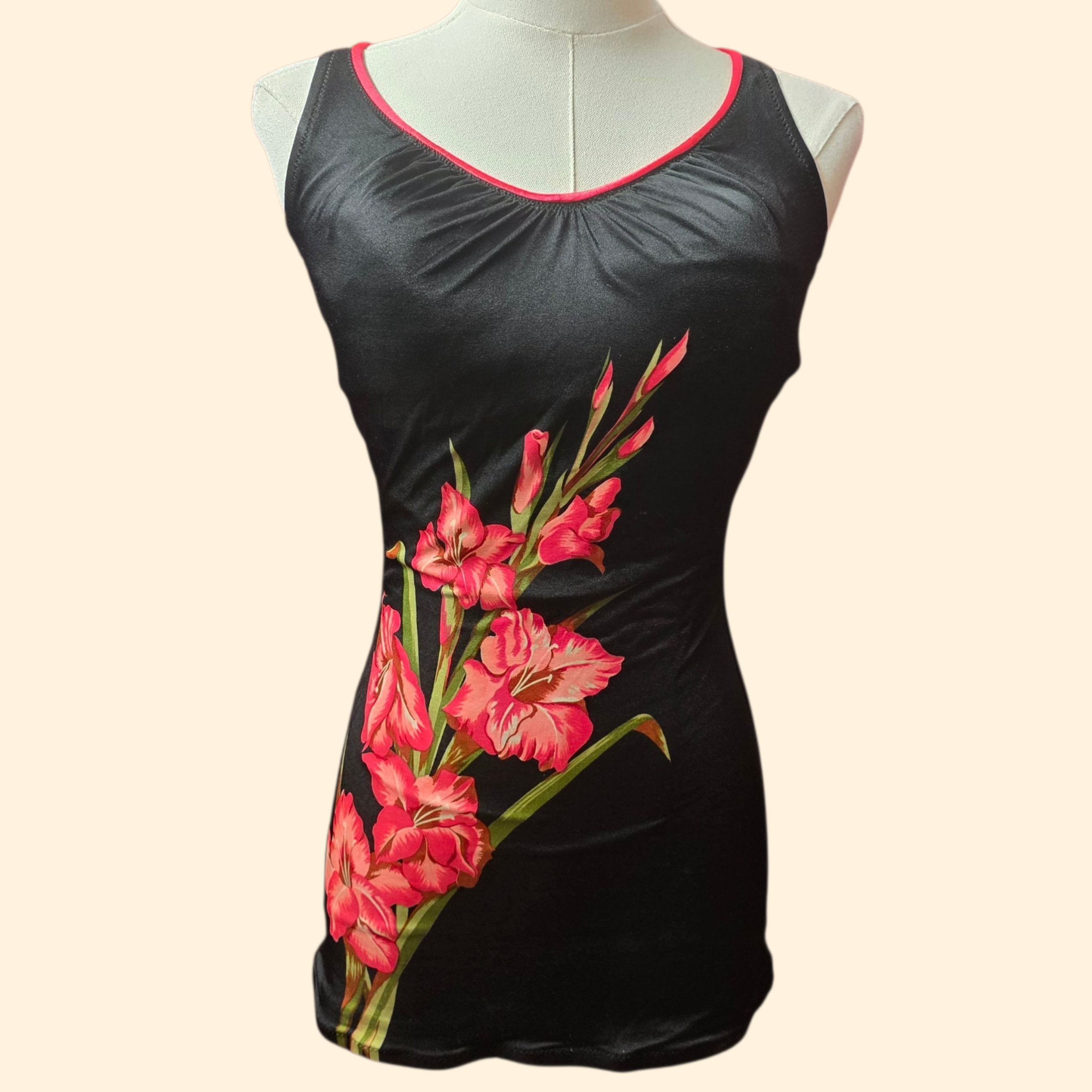 1960s One Piece Floral Print Swimsuit ~ Medium ~ Black Pink Gladiolus Maillot Bathing Suit