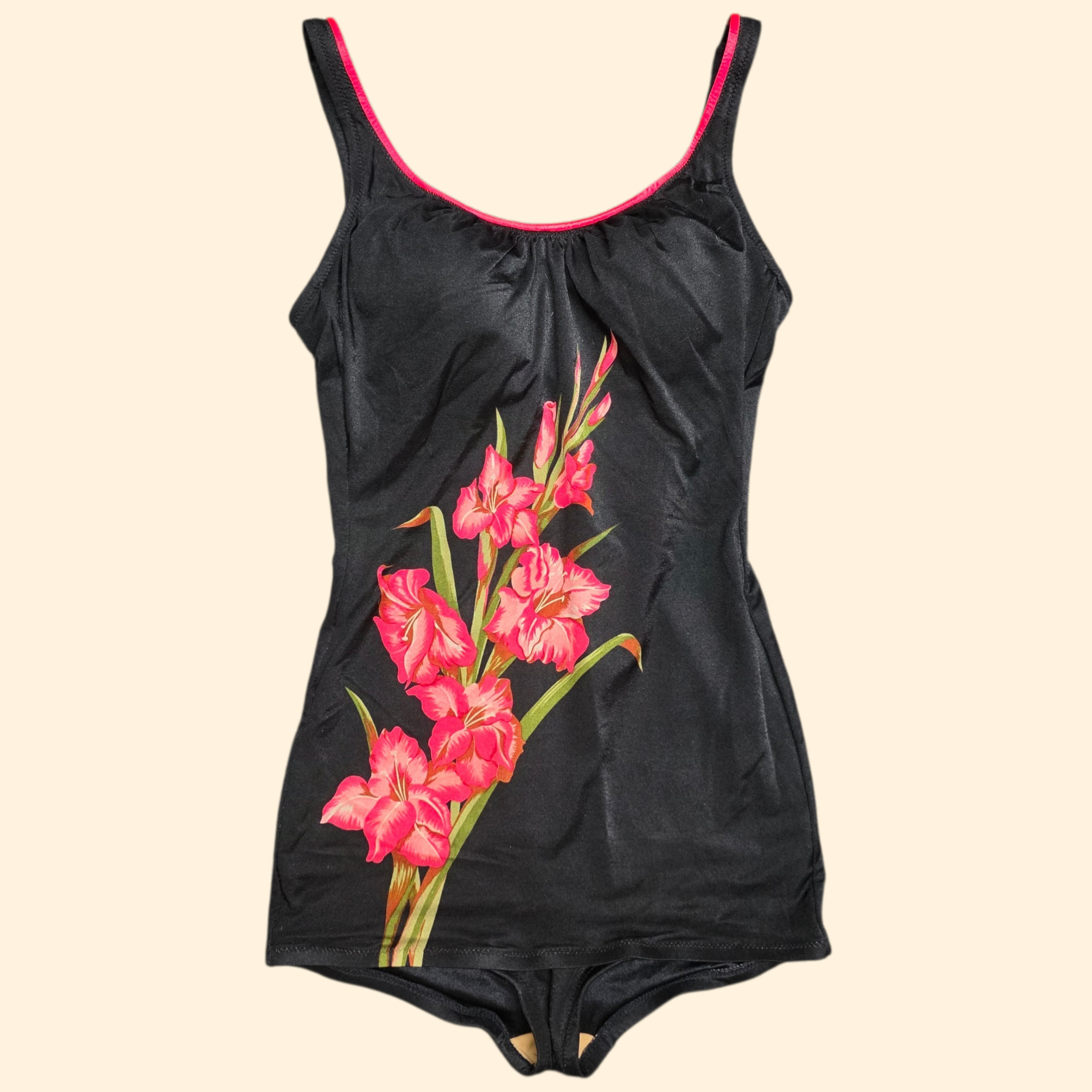 1960s One Piece Floral Print Swimsuit ~ Medium ~ Black Pink Gladiolus Maillot Bathing Suit