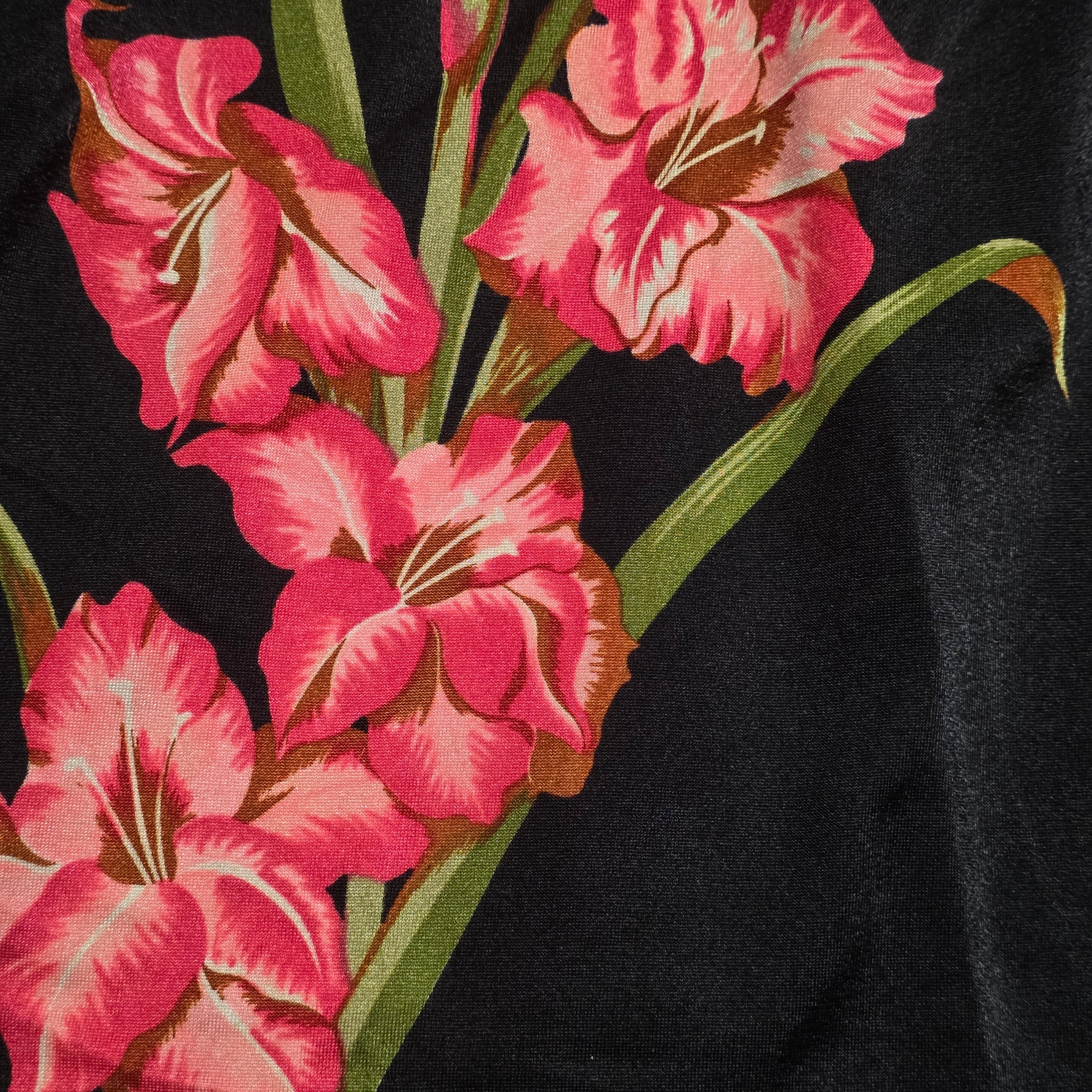 1960s One Piece Floral Print Swimsuit ~ Medium ~ Black Pink Gladiolus Maillot Bathing Suit