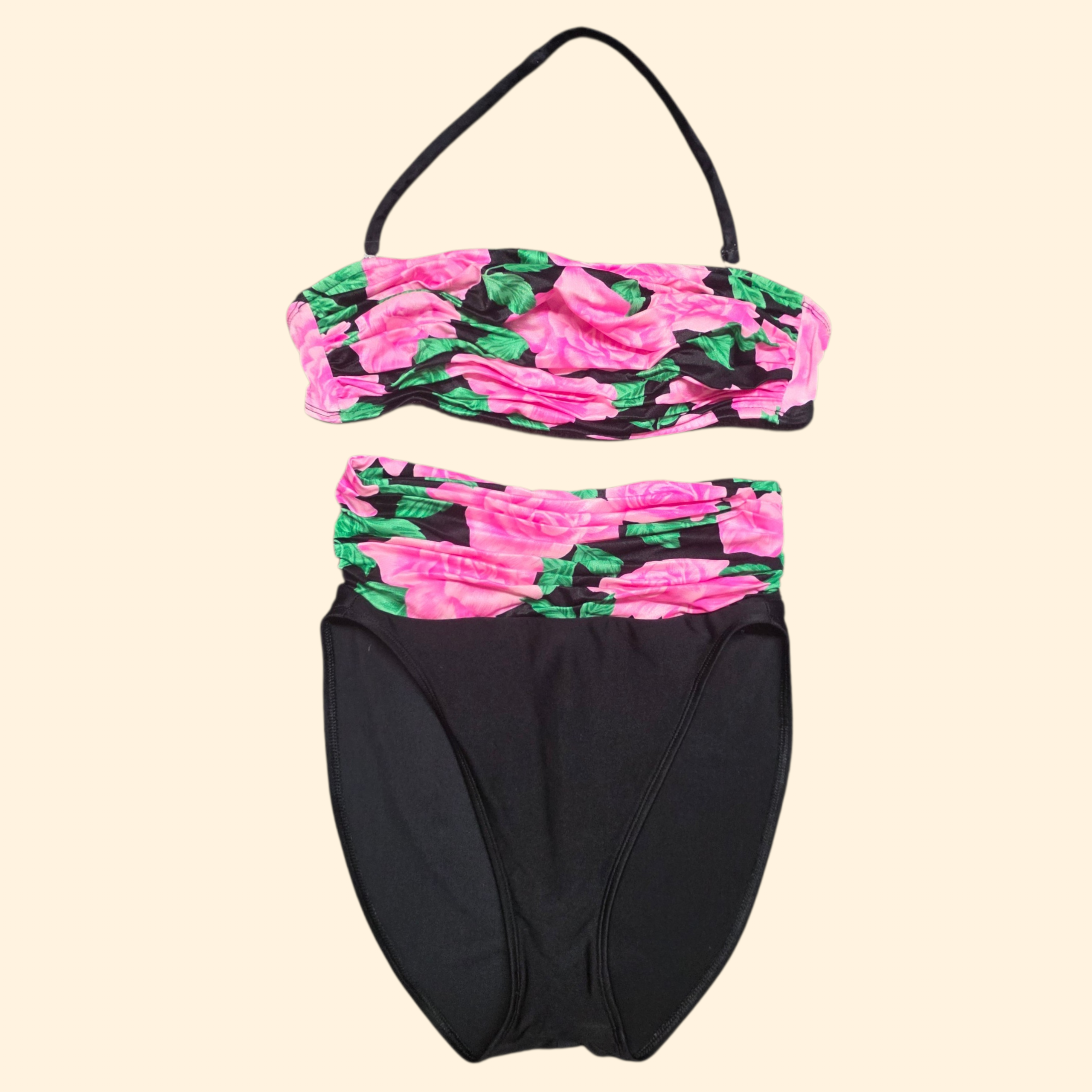 1980s Rose Print High Rise Bikini ~ Small Medium~ Bandeau Top Black Pink Two Piece Swimsuit