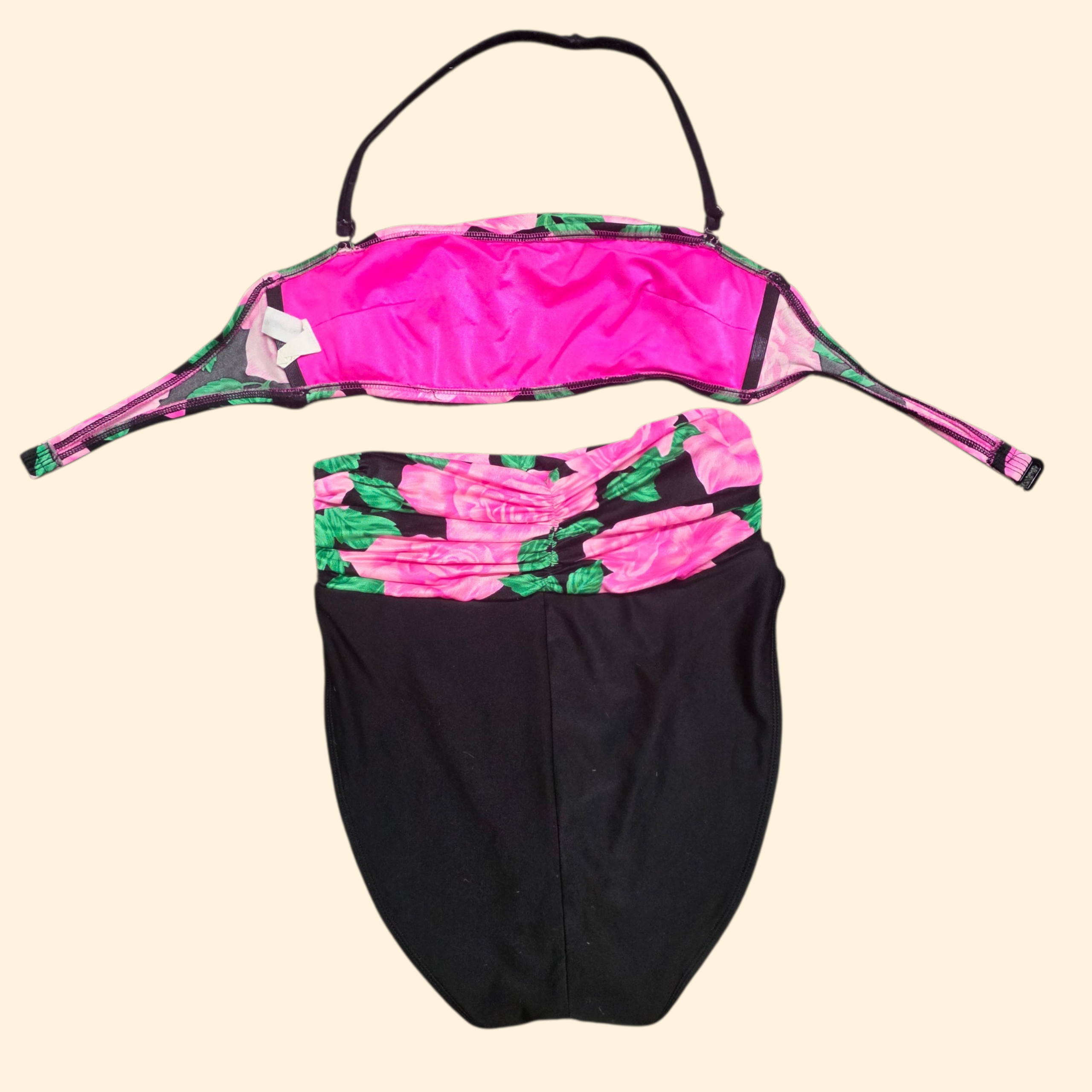 1980s Rose Print High Rise Bikini ~ Small Medium~ Bandeau Top Black Pink Two Piece Swimsuit