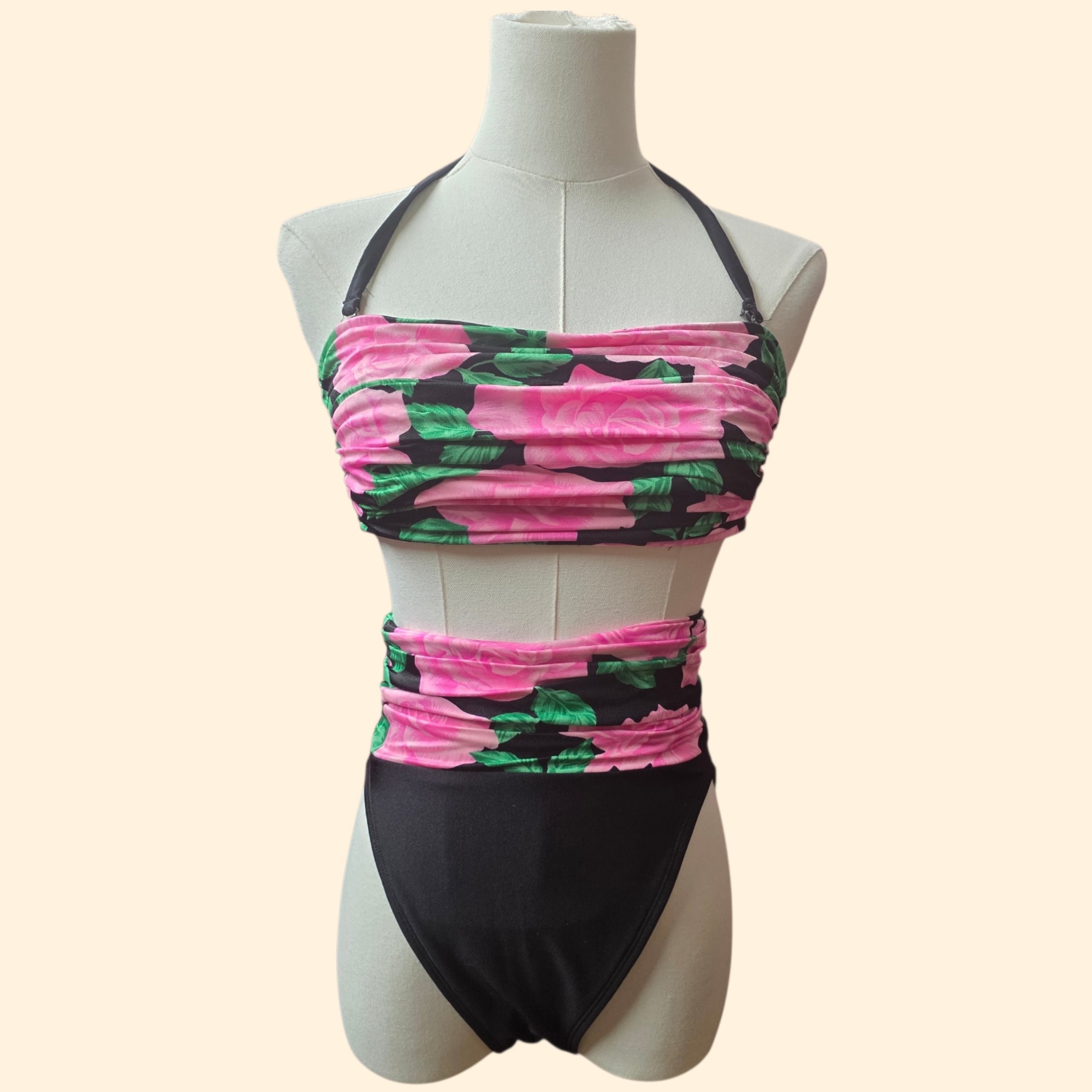 1980s Rose Print High Rise Bikini ~ Small Medium~ Bandeau Top Black Pink Two Piece Swimsuit