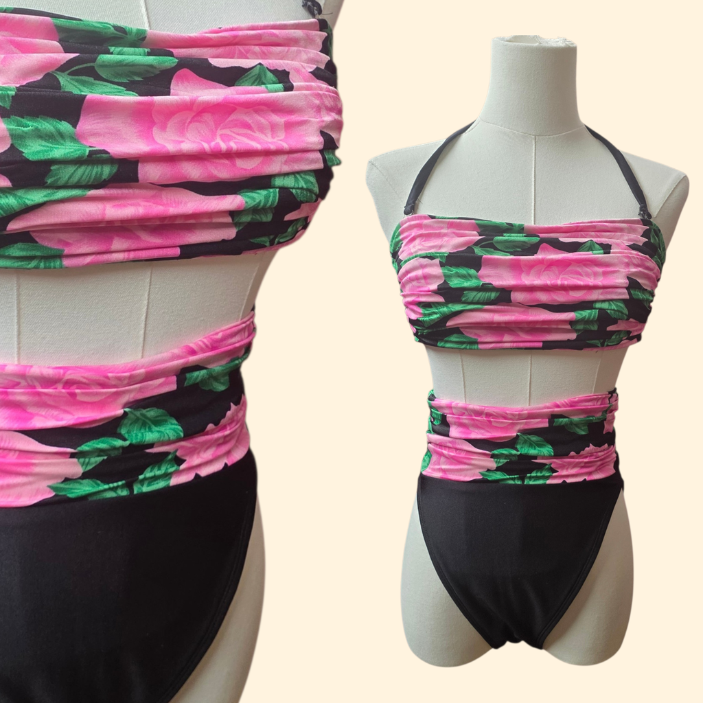 1980s Rose Print High Rise Bikini ~ Small Medium~ Bandeau Top Black Pink Two Piece Swimsuit