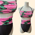 1980s Rose Print High Rise Bikini ~ Small Medium~ Bandeau Top Black Pink Two Piece Swimsuit
