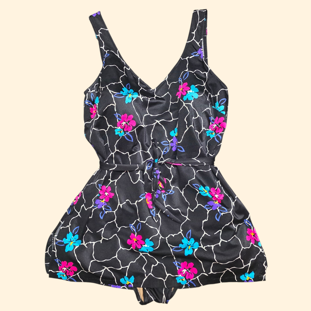 1970s Floral Swimsuit ~ Large ~ Playsuit Black Maillot Bathing Suit