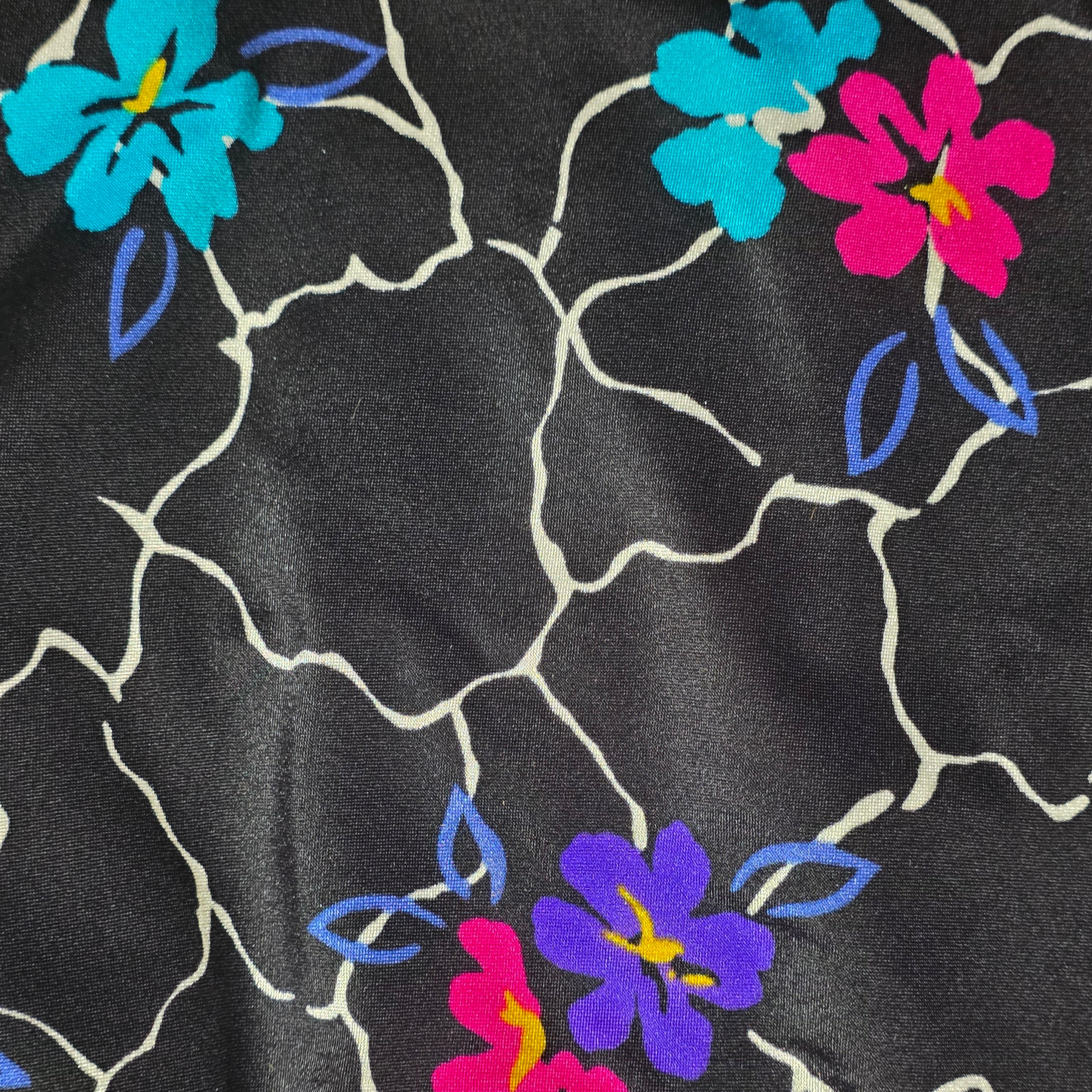 1970s Floral Swimsuit ~ Large ~ Playsuit Black Maillot Bathing Suit