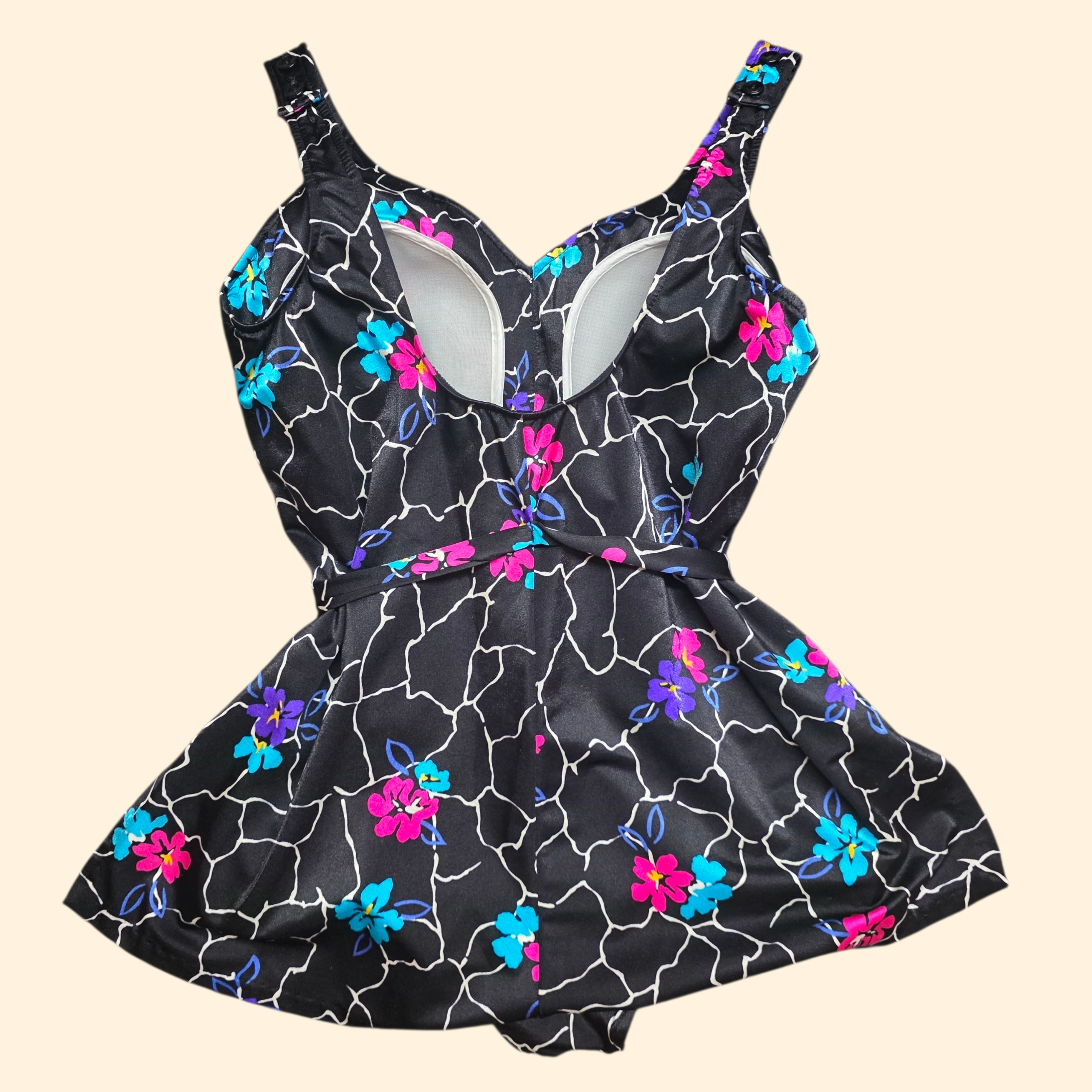 1970s Floral Swimsuit ~ Large ~ Playsuit Black Maillot Bathing Suit