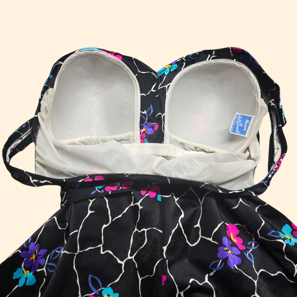 1970s Floral Swimsuit ~ Large ~ Playsuit Black Maillot Bathing Suit