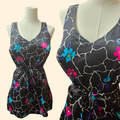 1970s Floral Swimsuit ~ Large ~ Playsuit Black Maillot Bathing Suit