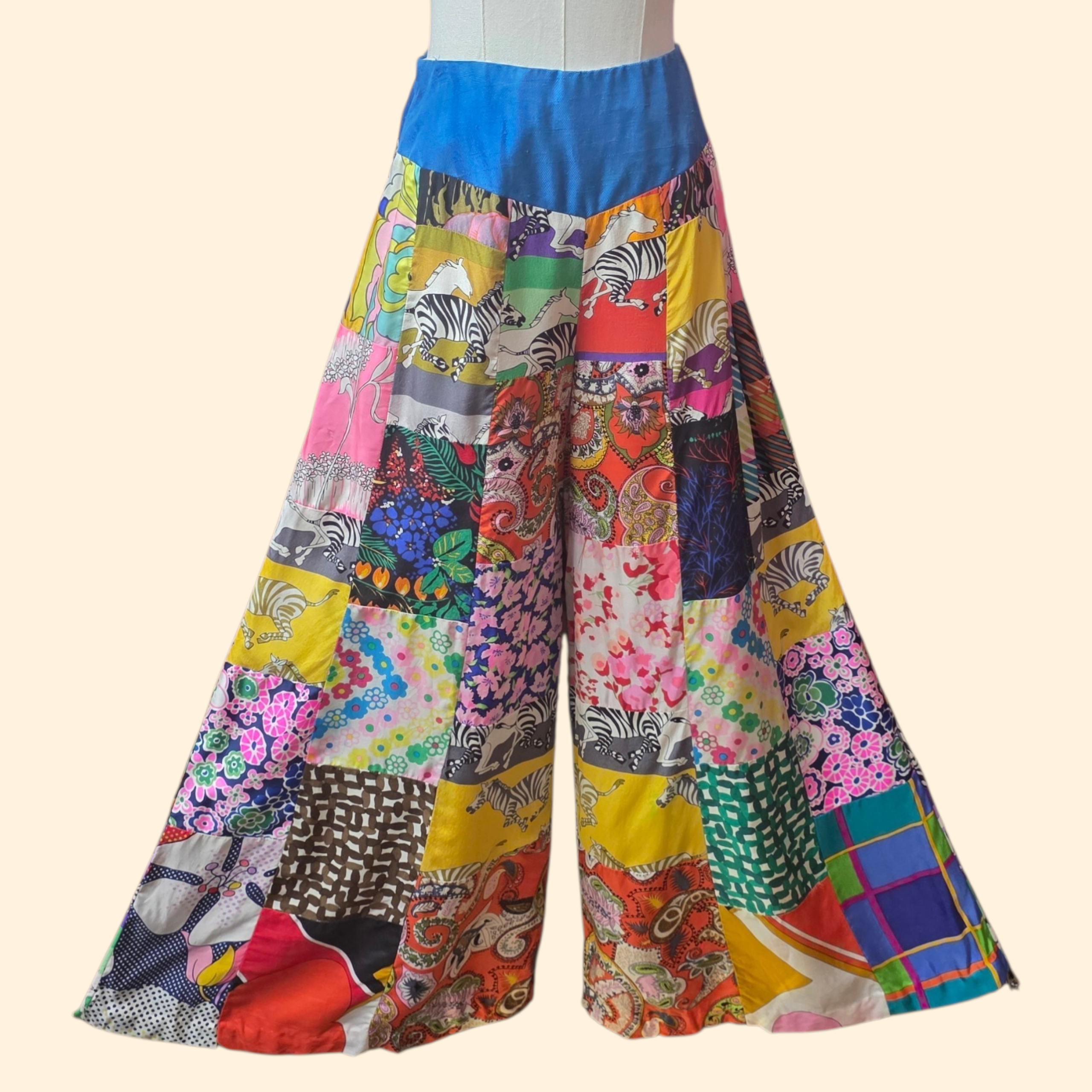 1970s Patchwork High Rise Culottes ~ Small ~ Silk Acetate Bold Print Gauchos Palazzo Psychedelic
