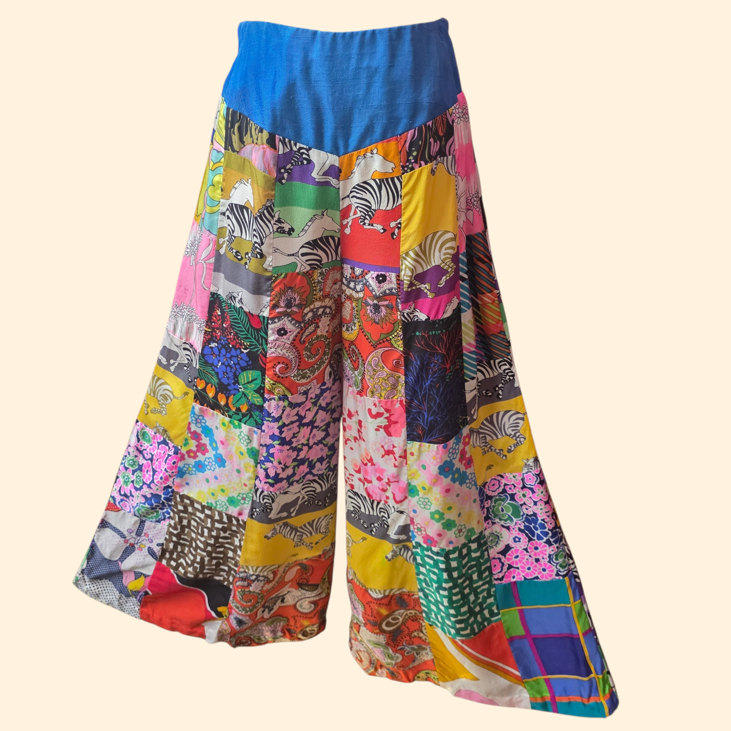 1970s Patchwork High Rise Culottes ~ Small ~ Silk Acetate Bold Print Gauchos Palazzo Psychedelic