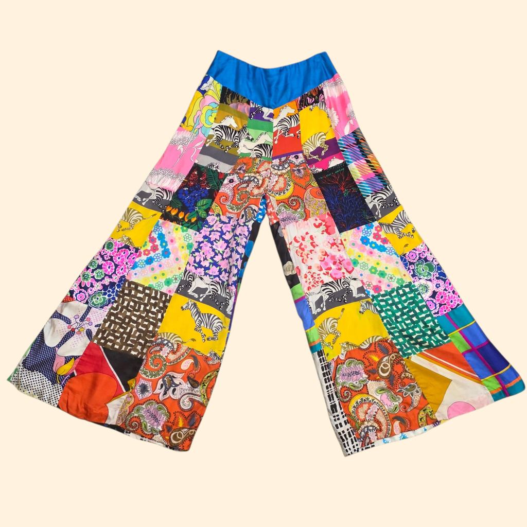1970s Patchwork High Rise Culottes ~ Small ~ Silk Acetate Bold Print Gauchos Palazzo Psychedelic