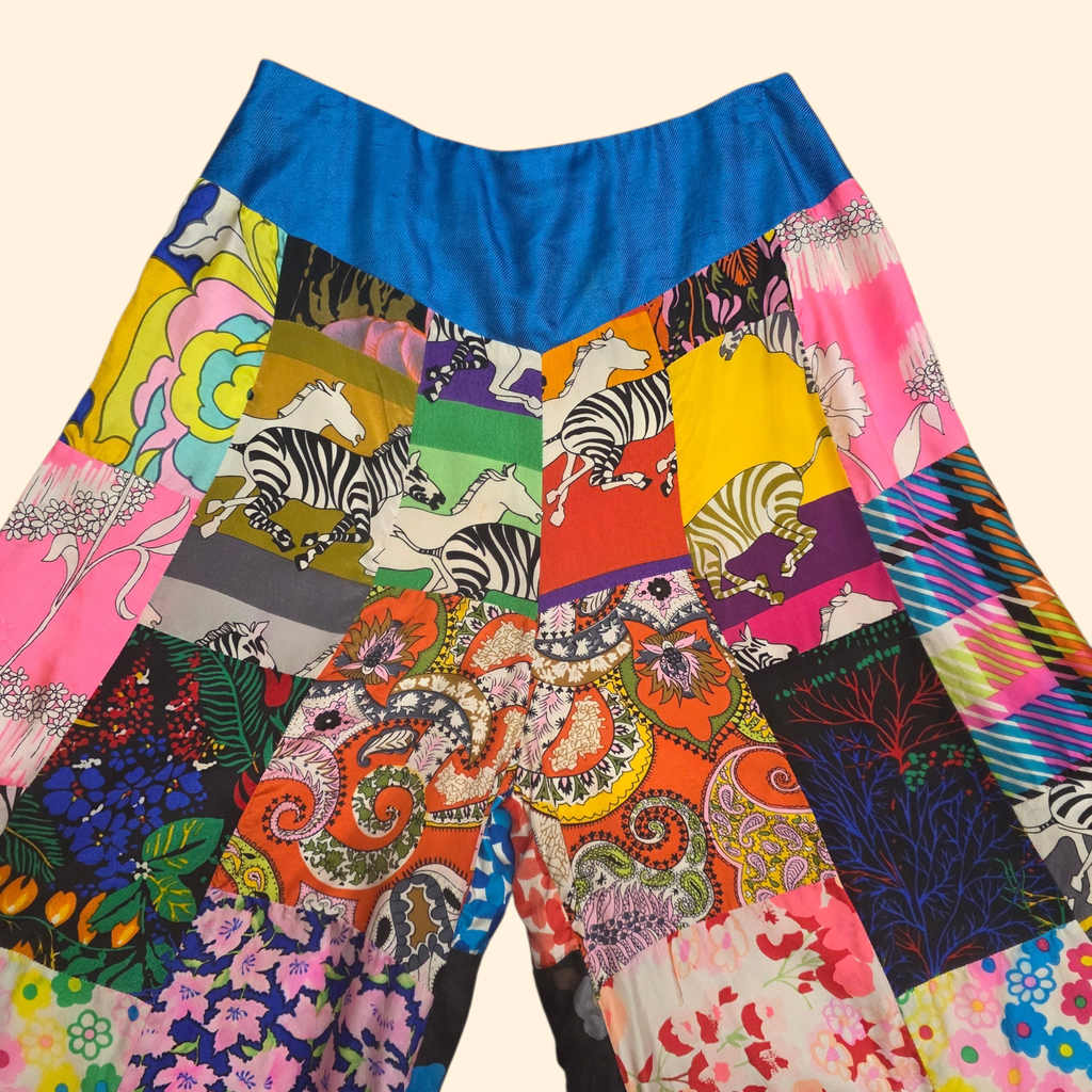1970s Patchwork High Rise Culottes ~ Small ~ Silk Acetate Bold Print Gauchos Palazzo Psychedelic