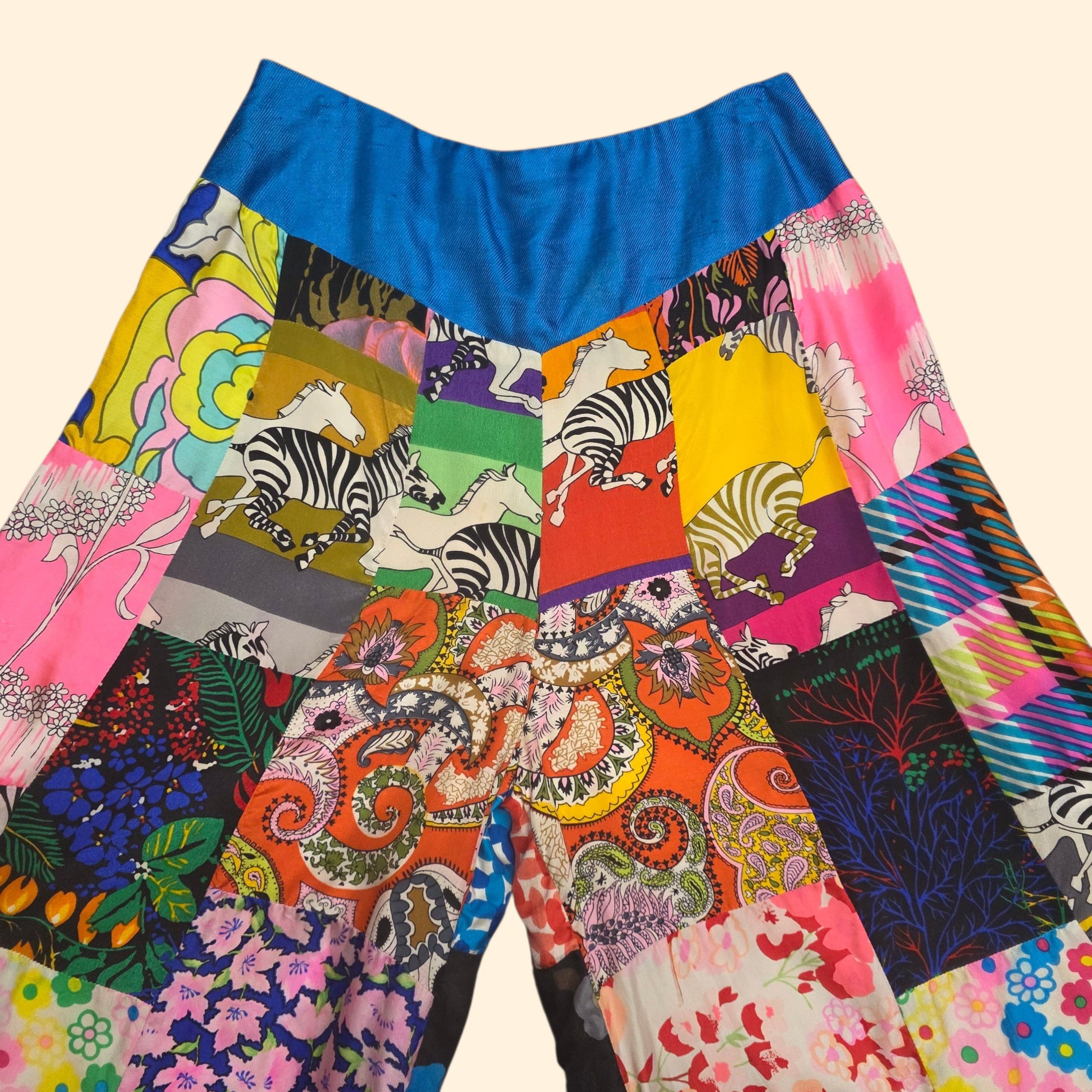 1970s Patchwork High Rise Culottes ~ Small ~ Silk Acetate Bold Print Gauchos Palazzo Psychedelic