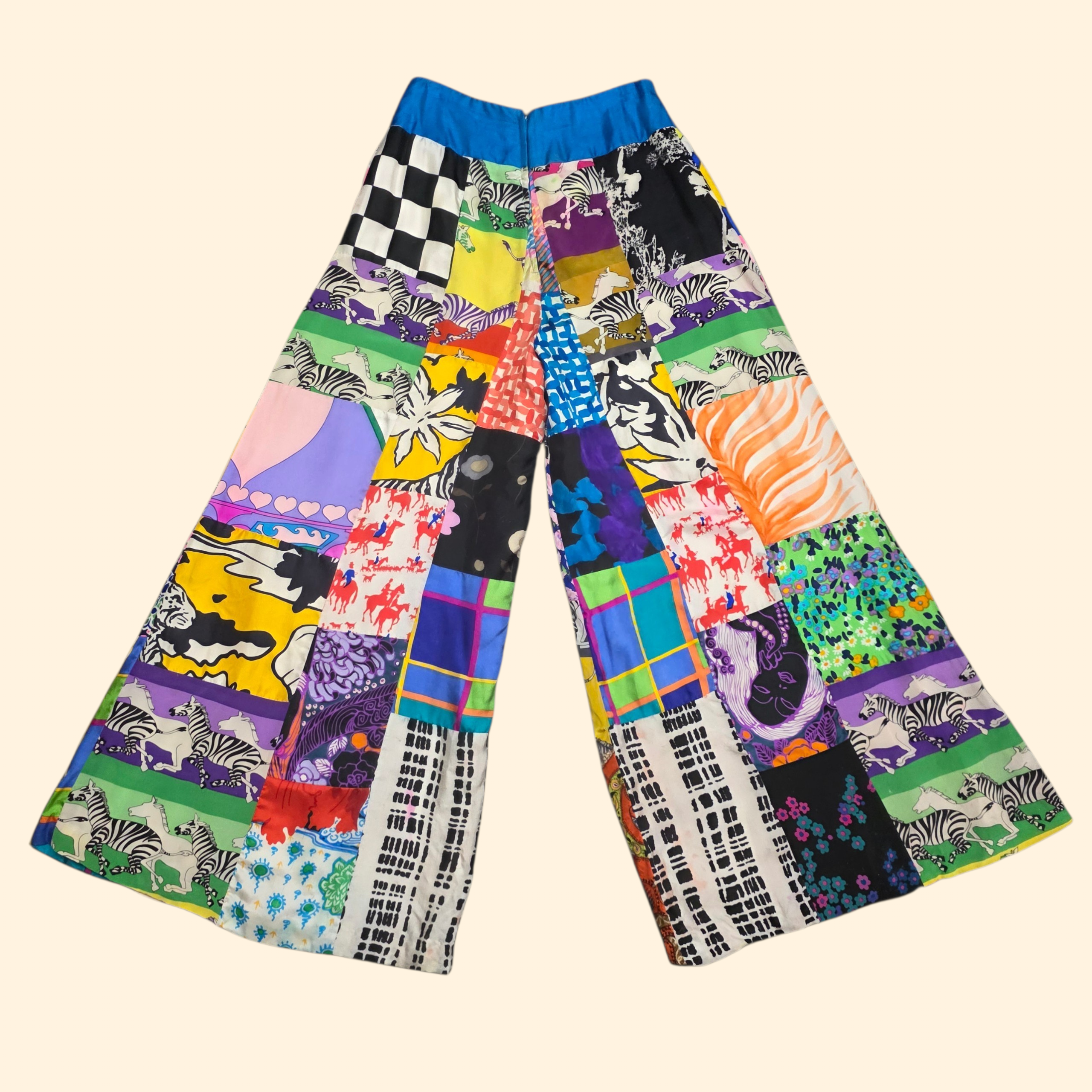 1970s Patchwork High Rise Culottes ~ Small ~ Silk Acetate Bold Print Gauchos Palazzo Psychedelic