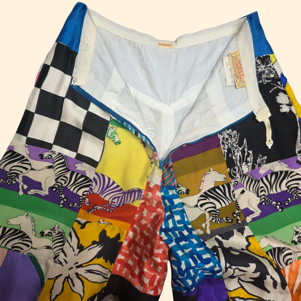 1970s Patchwork High Rise Culottes ~ Small ~ Silk Acetate Bold Print Gauchos Palazzo Psychedelic