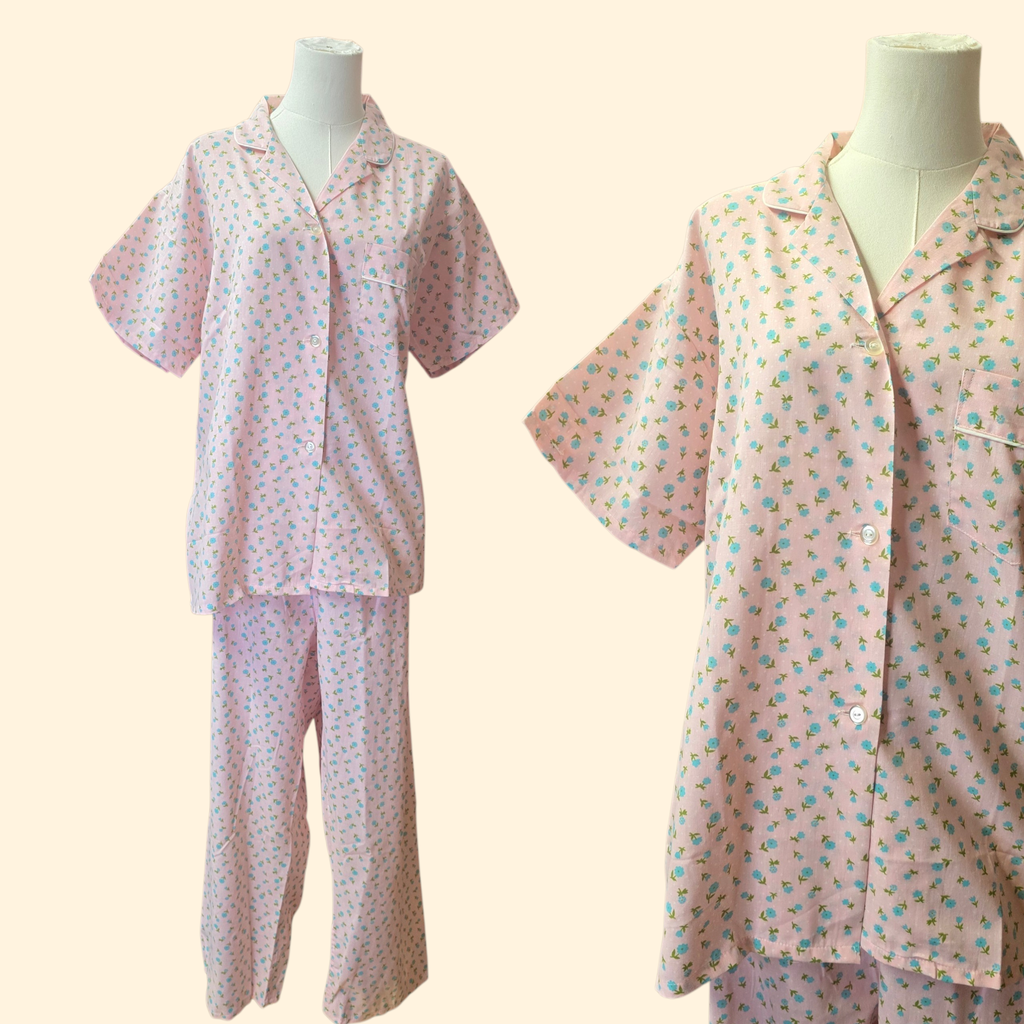 1960s Deadstock Ditzy Floral Pajama Set ~ Extra Large ~ Pink Blue PJ Set