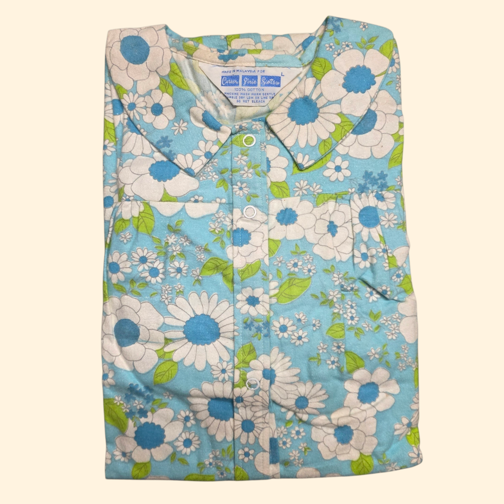 1960s Deadstock Flower Power Cotton Nightgown ~ Large ~ Teal Green Floral Duster