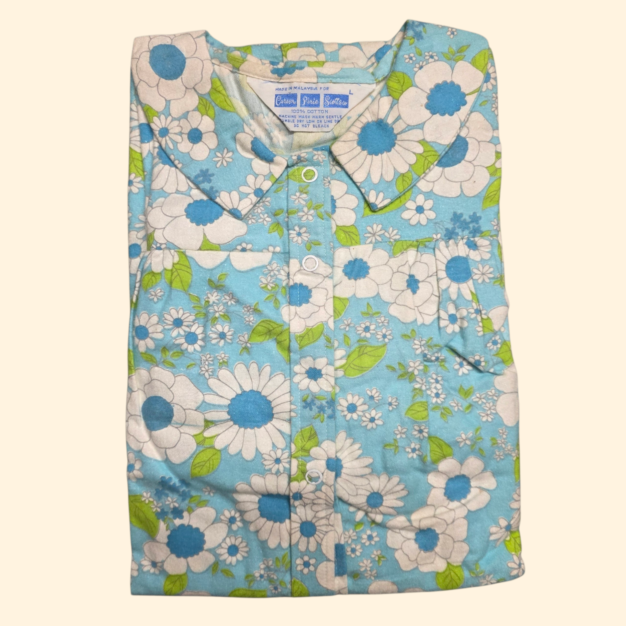 1960s Deadstock Flower Power Cotton Nightgown ~ Large ~ Teal Green Floral Duster