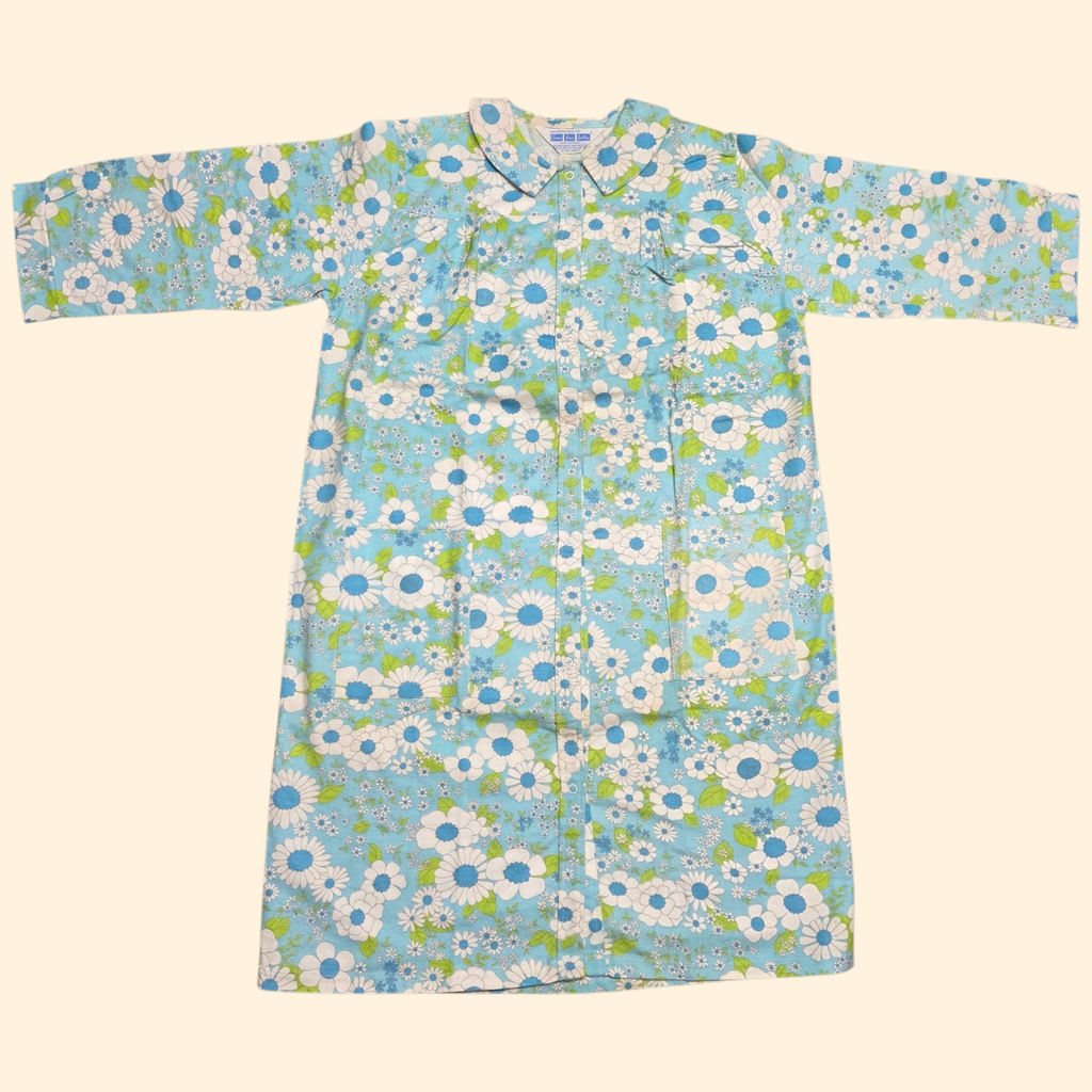 1960s Deadstock Flower Power Cotton Nightgown ~ Large ~ Teal Green Floral Duster